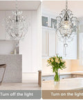 Small Crystal Chandelier Pendant Light Fixture With Elegant Sparkle One Light Adjustable Hanging Fixture For Entryway Bedroom Girls Room And Kitchen Island To Add That Lit Glow For Modern Home Decor, shown unlit and lit in kitchen setting