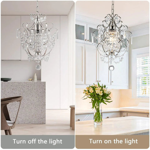 Small Crystal Chandelier Pendant Light Fixture With Elegant Sparkle One Light Adjustable Hanging Fixture For Entryway Bedroom Girls Room And Kitchen Island To Add That Lit Glow For Modern Home Decor, shown unlit and lit in kitchen setting