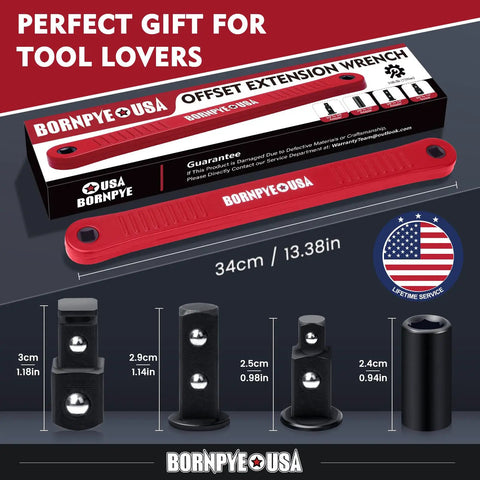 Image of Beefy Offset Extension Wrench Set With Impact Ready Socket Extender, showing red wrench and socket adapters.