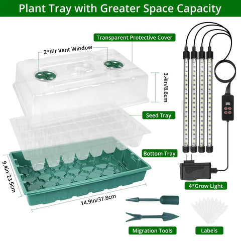 Seed Starter Tray With Grow Light And Digital Controller 80 Cell Germination Kit With Humidity Dome, components shown.