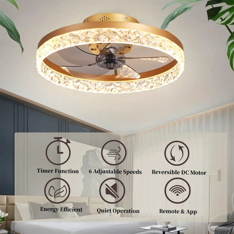 19.7 Inch Flush Mount Ceiling Fan With Lights Chandelier Style Remote Control Dimmable LED 3 Color Temperature displayed indoors