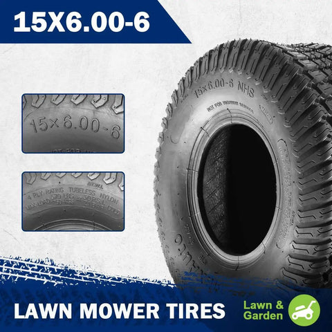 Front Turf Tires 15x6.00-6 For Lawn Mower And Riding Tractor Tubeless 4 Ply With 570 Lb Capacity Set Of 2