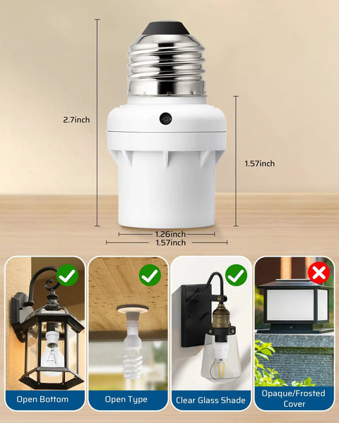Light Sensor Socket Adapter E26 E27 Dusk To Dawn Automatic Sensor For Porch And Wall Light Fixtures, size dimensions shown