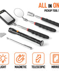 Must Have 5 Piece Magnetic Pickup Tool Set With 360 Swivel Mirrors Telescoping Magnet Reach Flexible LED Flashlight Handy Mechanic Tools And Cool Gadgets For Men Dad Husband Gift displayed with LED flashlight and inspection mirrors.