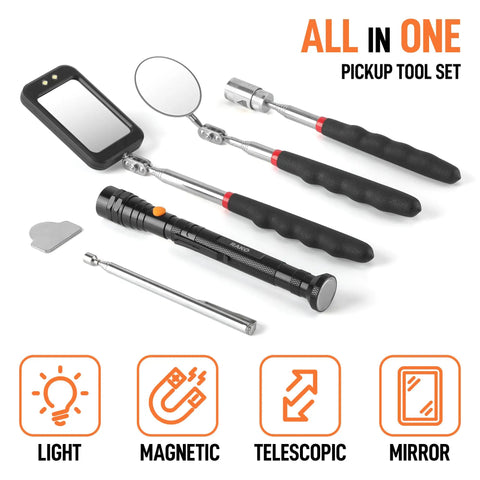 Must Have 5 Piece Magnetic Pickup Tool Set With 360 Swivel Mirrors Telescoping Magnet Reach Flexible LED Flashlight Handy Mechanic Tools And Cool Gadgets For Men Dad Husband Gift displayed with LED flashlight and inspection mirrors.