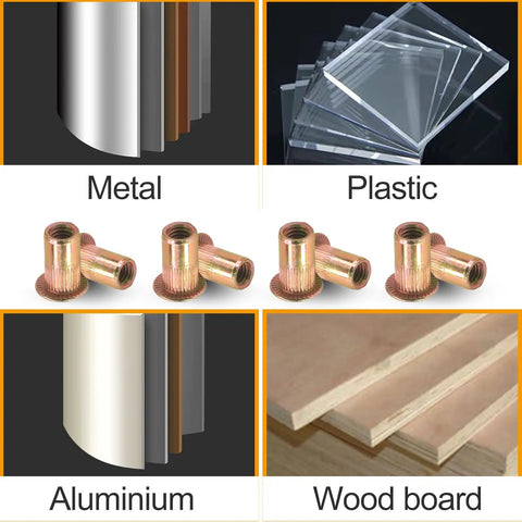 100 Piece Pack Of 10-32 Rivet Nuts Crafted From Heavy Duty Zinc Plated Carbon Steel Plus A Knurled Flat Head Design with metal and plastic samples.
