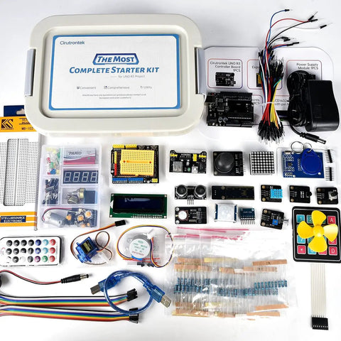 Awesome All In One UNO R3 Arduino Starter Kit With Tutorial For Teens And Adults, 65 Module Types And 200 Plus Components, IDE Compatible STEM Robotics Coding Kit For Hands On Projects Plug And Play. kit parts laid out in case