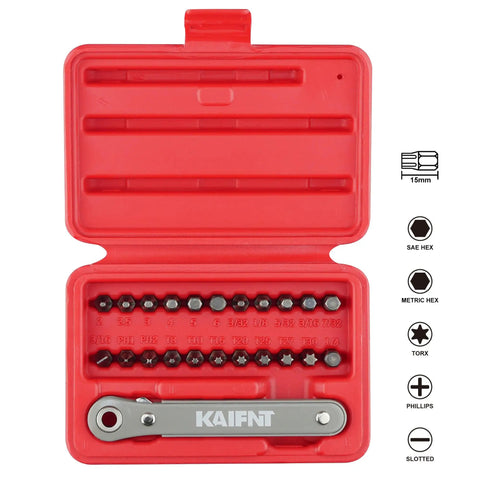 Ultra Low Profile Screwdriver Bit Set With Mini Ratchet Wrench For One Quarter Inch Drive, Twenty Three Piece in red case