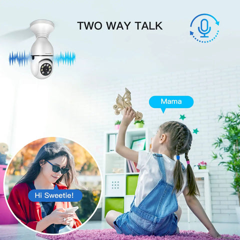 2K 3MP Light Bulb Security Camera With 360 Degree View, Wireless Two Way Audio, scene showing a child talking to parent via camera