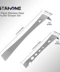 Two Piece Stainless Steel Pry Bar Set Built Tough For Demolition Includes Flat Pry Bar Nine And A Half Inches Long And Mini Crowbar Six And Eleven Sixteenths Inches Long With Socket Wrench Bottle Opener Nail Puller Scraper And Baseboard Removal Tool shown with dimensions.