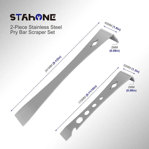 Two Piece Stainless Steel Pry Bar Set Built Tough For Demolition Includes Flat Pry Bar Nine And A Half Inches Long And Mini Crowbar Six And Eleven Sixteenths Inches Long With Socket Wrench Bottle Opener Nail Puller Scraper And Baseboard Removal Tool shown with dimensions.