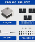 Heavy Duty 316 Glass Clamps 8 Pack For 8-12mm Glass, package contents with square brackets and accessories