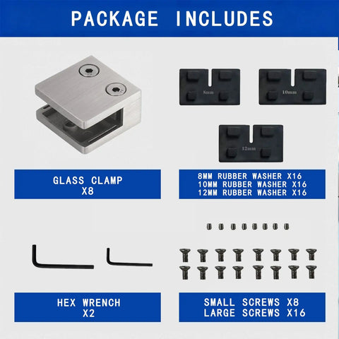 Heavy Duty 316 Glass Clamps 8 Pack For 8-12mm Glass, package contents with square brackets and accessories