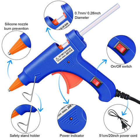 4 Piece Mini Hot Glue Gun Set With 20 Glue Sticks For Kids Projects featuring blue glue gun with diagrams of features