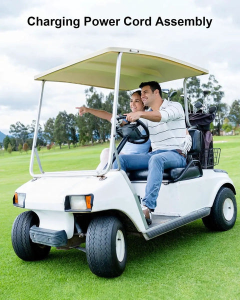10Ft Heavy Duty EV Charging Cable Built Tough For Golf Carts And Electric Vehicles Featuring Premium Copper Wiring IP54 Waterproof Cord on a golf cart.
