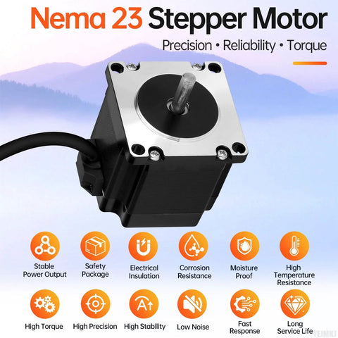 Front view of Nema 23 stepper motor with silver faceplate, black body, protruding shaft and 1m cable