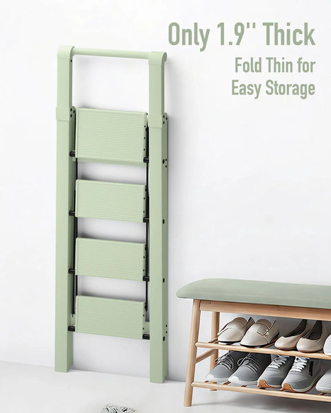 4 Step Foldable Aluminum Ladder That Doubles As A Lightweight Step Stool No Assembly Needed With Compact 2.1 Inches Folded Thickness And Reaches Up To 29.7 Inches For Easy Home Garage Use, folded flat against wall