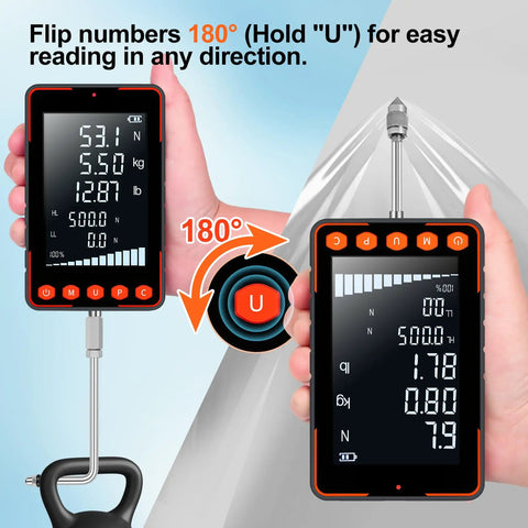 Pro Grade Digital Trigger Pull Gauge And Force Meter With 500N Capacity Big LCD Display Shows N Kg And Lb In Real Time Peak And Auto Peak Modes Data Software Calibration Certificate Great For Push Pull Tests And Quality Control. LCD 180° flip display