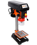 Top-Notch 8 Inch Drill Press With Powerful 400 Watt Motor And Five Speed Settings Up To 3100 RPM on a sturdy base with a metal worktable.