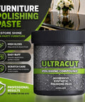 Heavy Multi Surface Scratch Remover With Applicator Pad For Wood Leather Metal Stone High Gloss Polish To Kick Up The Shine By Skipping Scuffs And Oxidation While Sealing In A Tough Layer That Keeps Your Gear Looking Fresh Daily in a sleek container with polished furniture background.