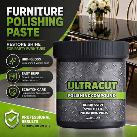 Heavy Multi Surface Scratch Remover With Applicator Pad For Wood Leather Metal Stone High Gloss Polish To Kick Up The Shine By Skipping Scuffs And Oxidation While Sealing In A Tough Layer That Keeps Your Gear Looking Fresh Daily in a sleek container with polished furniture background.