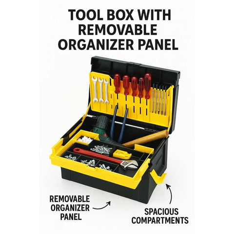 Compact Tool Organizer Box With Removable Tray For DIY Electrical And Craft Tools Heavy Duty Plastic Toolbox Portable Lockable And Durable 10.62 By 14.96 By 8.66 Inches