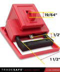 Close-up of Heavy Duty Clamp-On Circuit Breaker Lockout Device Kit, showing dimensions; red clamp fits 1-1/2 x 1/2 in breakers.