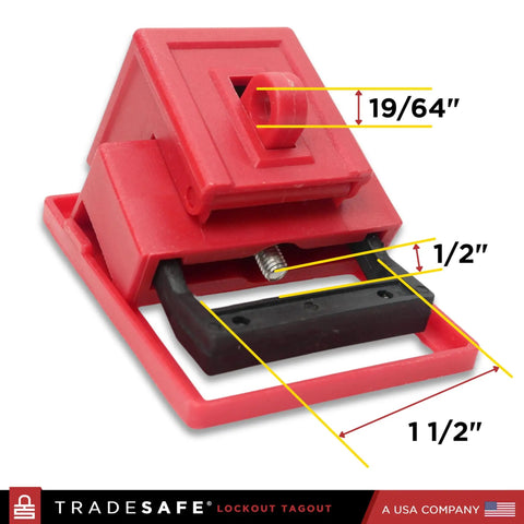 Close-up of Heavy Duty Clamp-On Circuit Breaker Lockout Device Kit, showing dimensions; red clamp fits 1-1/2 x 1/2 in breakers.