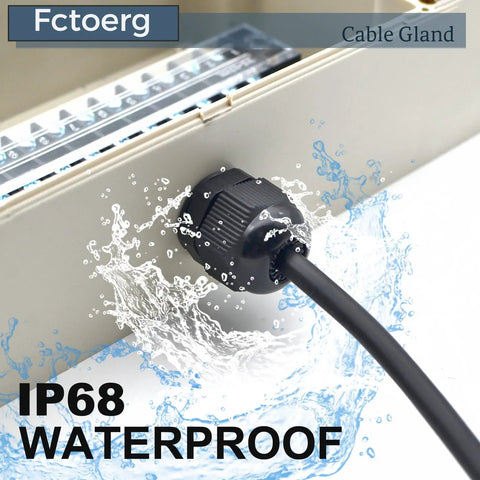 Waterproof Cable Glands 2 Pack Nylon PA66 with rubber seal, IP68 rating, installed on a panel showing water resistance, black finish