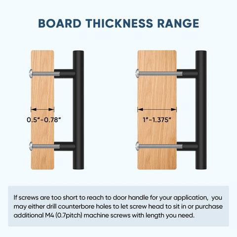 Stainless Steel Cabinet Pulls For Kitchen Drawers Five And A Half Inch Length Five Inch Center To Center Mount Matte Black Finish Heavy-Duty Rust Resistant Bar Handles Easy Install 30 Piece Set Budget-Friendly showing board thickness range and mounting instructions.