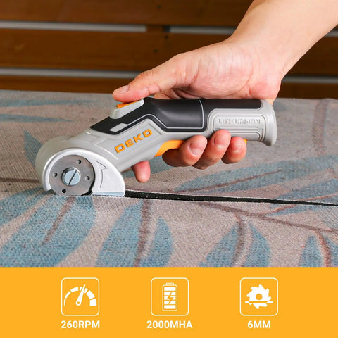 DEKOPRO 4v Cordless Electric Scissors With Safety Lock Cardboard Cutter For Leather Plastic Canvas And Carpet Type C Rechargeable Blade Set Gray cutting fabric