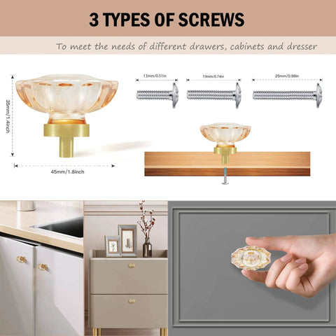 Four Pack Glass Cabinet Knobs And Pulls With Oval Champagne Crystal Knobs On Satin Brass Brushed Gold Base For Dresser Wardrobe And Cabinet Drawers Easy Install With Three Screw Options