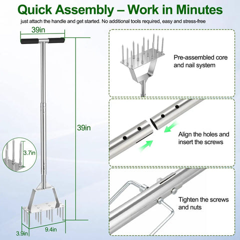 Beefy Heavy Duty Stainless Steel Lawn Aerator Tool With 12 Spikes Semi Assembled Handheld Spike Aerator shown with quick assembly steps