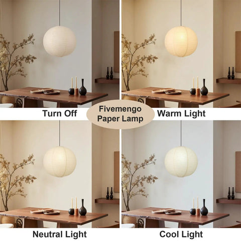 Twenty Inch Off White Japanese Rice Paper Lantern Plug In Pendant Light With Adjustable Cord Sets displayed in four lighting options.