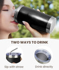 Woman sipping from Eight Tough As Nails Twenty Ounce Double Wall Insulated Stainless Steel Tumblers With Secure Lids And Straws That Keep Your Sippin Frosty Or Steaming Hot All Day Long In Sleek Black Finish.