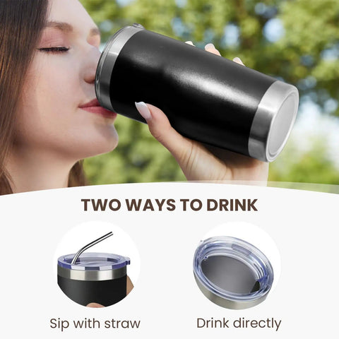 Woman sipping from Eight Tough As Nails Twenty Ounce Double Wall Insulated Stainless Steel Tumblers With Secure Lids And Straws That Keep Your Sippin Frosty Or Steaming Hot All Day Long In Sleek Black Finish.