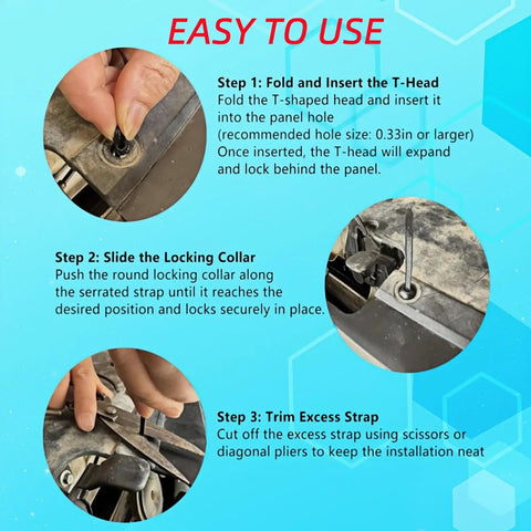 Easy to use guide for Heavy Duty Universal Nylon Cable Ties With Pin And Button Lock, showing steps to insert and lock the tie.