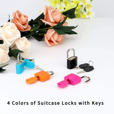 4 Pack Multicolor Keyed Padlocks For Suitcases And Luggage With Two Distinct Keys displayed with roses