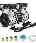 Big Suction Oil Free Vacuum Pump 85L Per Minute With Handy On Off Toggle And Aluminum Noise Damper Oilless Lab Science Gear close-up view with hose and fittings included.
