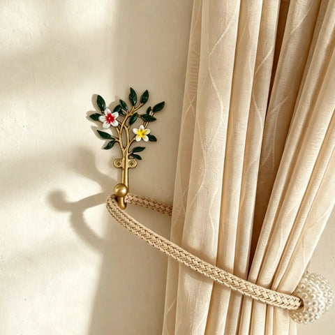 Vintage Flower Wall Hooks, Distressed Metal Coat Rack Set, Ace Farmhouse Entryway Organizer holding curtains with floral design.