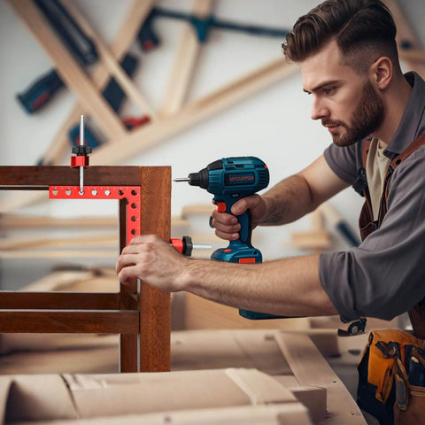 Man using drill with Four Pack 90 Degree Right Angle Clamps With Storage Box, 5.5 Inch Aluminum Alloy Precision Positioning Squares on cabinet.