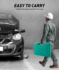 Person carrying All In One Car Body Repair Tools Kit With Paintless Dent Repair Sheet Metal Grinding Ergonomic Non Slip Handles, near open car hood