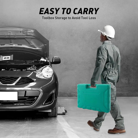Professional with Pro Auto Body Repair Kit For Dent Removal 9 Piece Sheet Metal Hammer Set next to open car hood