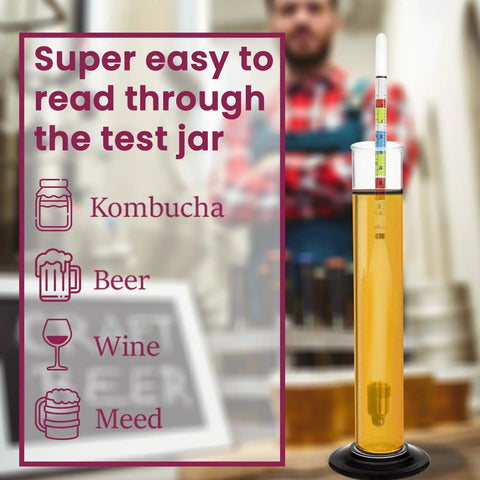 Glass Triple Scale Hydrometer Kit For Testing Specific Gravity Brix And ABV In Wine Beer Mead And Kombucha With Microfiber Cloth And Storage Case Aimed At Homebrew Enthusiasts Of All Skill Levels, in test jar