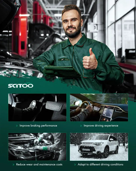 Technician providing thumbs up, working in a service center, promoting vehicle health and performance, SCITOO branded attire.