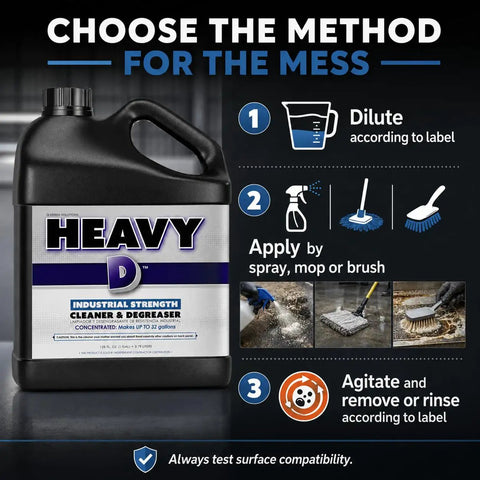Heavy Lifter Industrial Degreaser Concentrate bottle shown with dilution and application instructions for effective use.