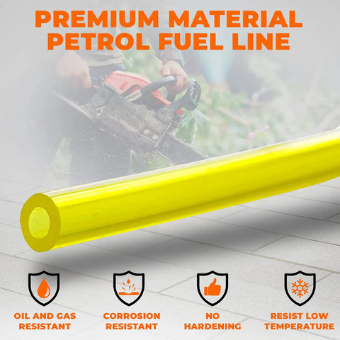 Four Size Fuel Line Hose Kit For 2 Cycle Small Engines with yellow petrol fuel line and chainsaw in background