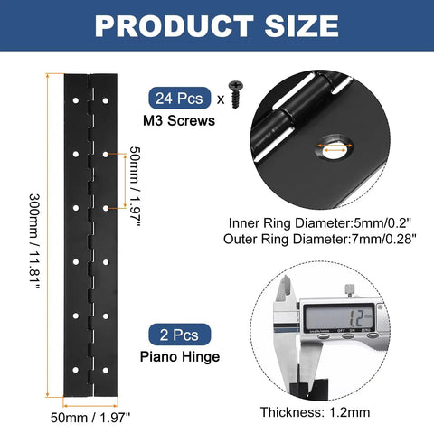 Heavy Duty Black Piano Hinges 2 Pack 12 X 2 Inch 304 Stainless Steel Continuous Hinges showing size details and M3 screws for installation.