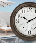 26 Inch Indoor And Outdoor Farmhouse Clock With Thermometer And Hygrometer All In One Weather Station Wall Art And Timepiece For Home Decor In Grey Oak Finish UV Resistant by a poolside