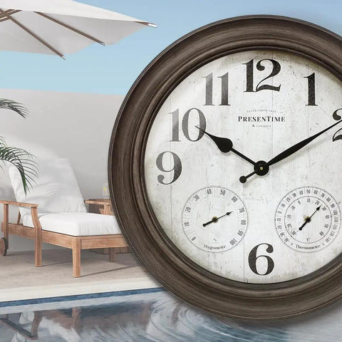 26 Inch Indoor And Outdoor Farmhouse Clock With Thermometer And Hygrometer All In One Weather Station Wall Art And Timepiece For Home Decor In Grey Oak Finish UV Resistant by a poolside